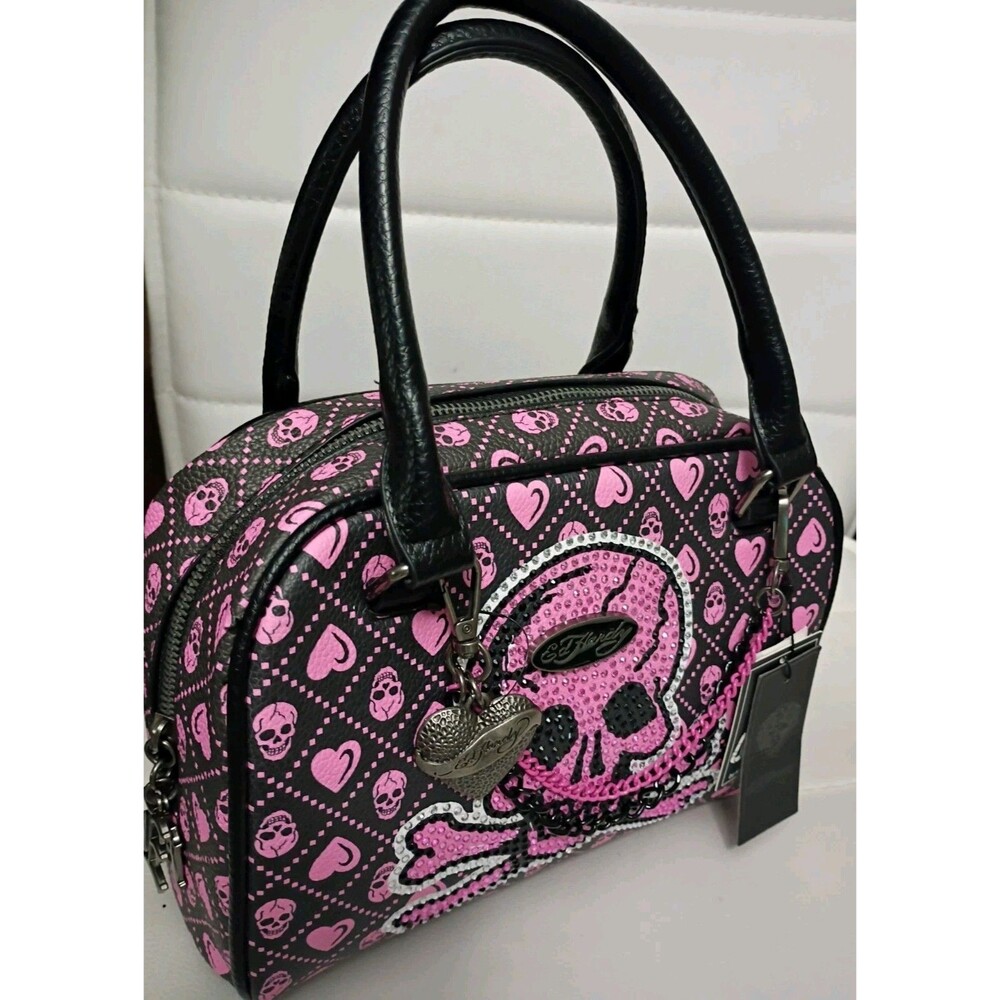 Ed Hardy Pink Skull Rhinestone Satchel Crossbody Bag